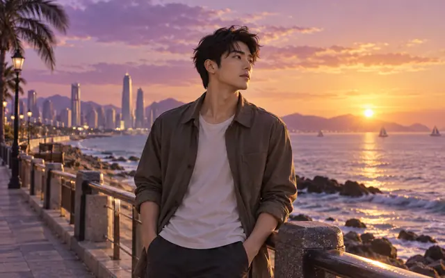 AI原创主题配图：海滨步道上的虚构都市人物