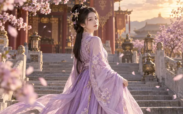 AI原创主题配图：花树旁的虚构古装人物